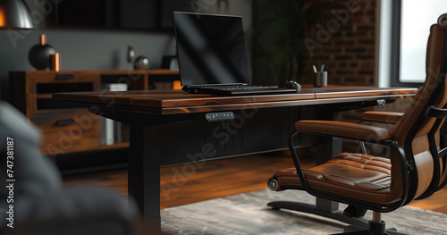 a convertible office table that seamlessly transitions from a desk to a standing workstation for ergonomic flexibility High detailed and high resolution © Kashif Ali 72