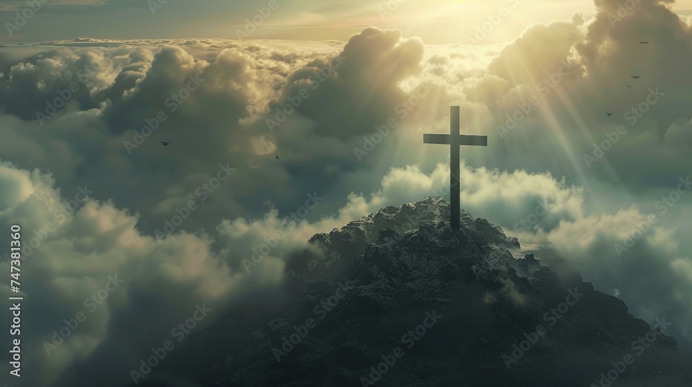 Holy cross over Golgotha Hill, light and clouds background, symbolizing Jesus Christ's resurrection Holy cross over Golgotha Hill, light and clouds background, symbolizing Jesus Christ's resurrection