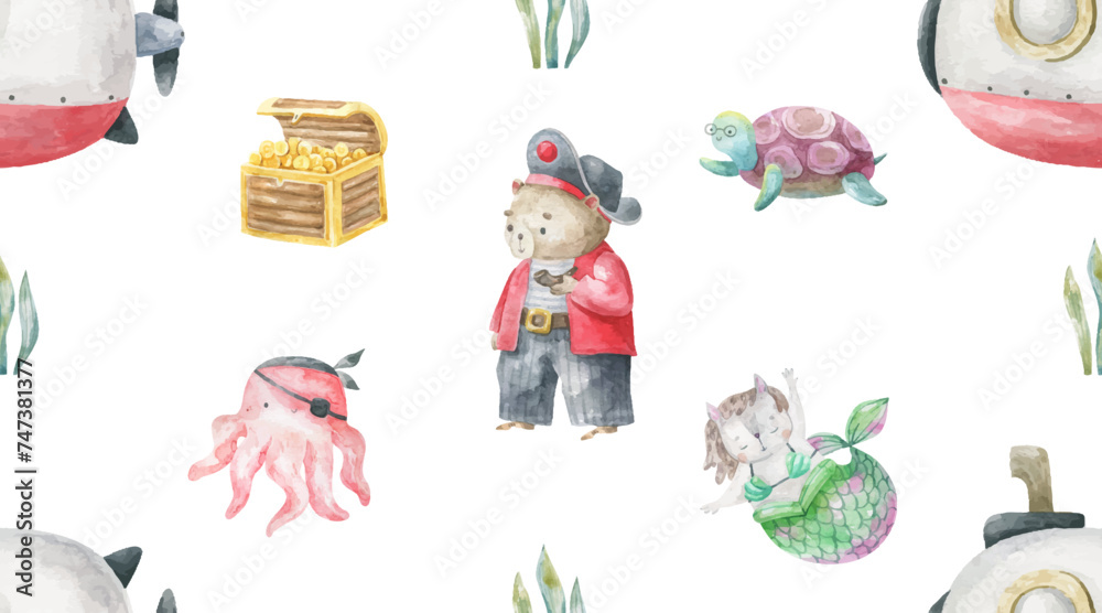endless pattern with sea, pirates ship, boat. Water transport. Oceania life. Cute animal character, pirate in hat. Seamless background