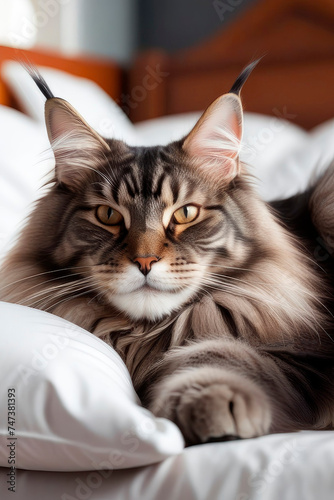 Close up portrait of a cute Maine Coon cat sleeping on a bed. Soft and airy look. © elena_hramowa