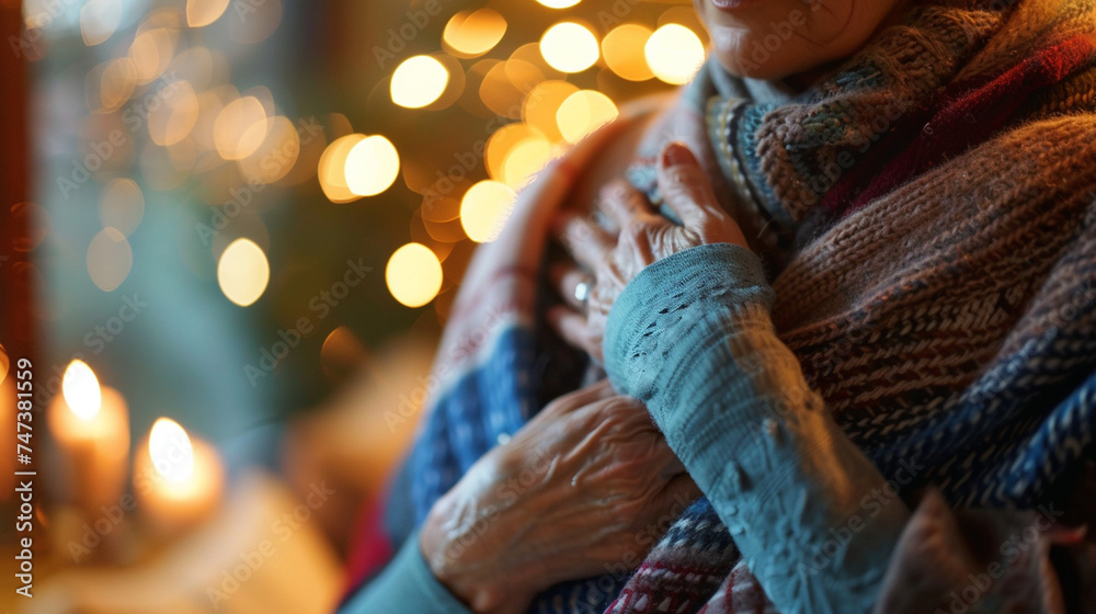 A caregiver adjusting a warm blanket around an elderly person's shoulders, conveying warmth and comfort, helping hands, care for the elderly, blurred background, with copy space