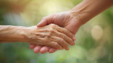 A young hand gently holding an elderly hand, symbolizing support and compassion, helping hands, care for the elderly, blurred background, with copy space