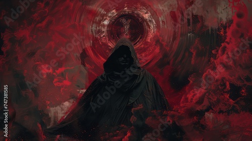 Black monk on dark red background created with Generative AI photo