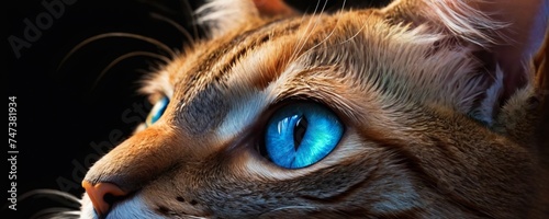 Gorgeous red cat, piercing blue gaze, closeup. Generative AI.