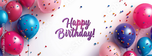 festive banner with inscription happy birthday with balloons and confetti on white background 