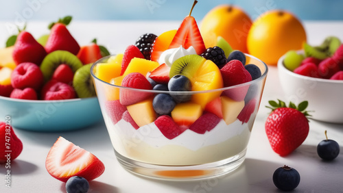 delicious multicolored fruit salad with yogurt and berries. fruits in proper nutrition. useful recipes from fruits and berries.fruit bowl of kiwi  strawberries  raspberries  blueberries  peaches.