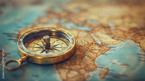 
Magnetic compass and location marking with a pin on routes on world map. Adventure, discovery, navigation, communication, logistics, geography, transport and travel theme concept background