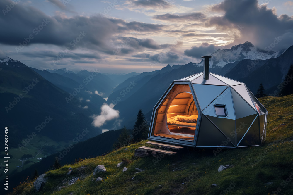 A domed futuristic camping house in the high mountains. A meteorological station high in the mountains