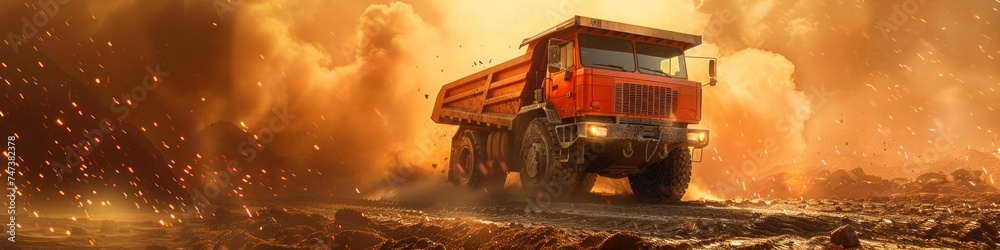 Large quarry dump truck. Big yellow mining truck at work site. Loading coal into body truck. Production useful minerals. Mining truck mining machinery to transport coal from open-pit production. - obrazy, fototapety, plakaty 