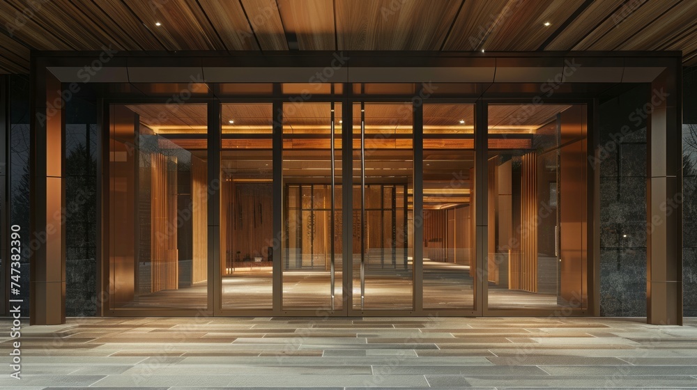 Inviting glass door entry to spacious apartment hotel, crafted with wood and steel, urban accommodation concept