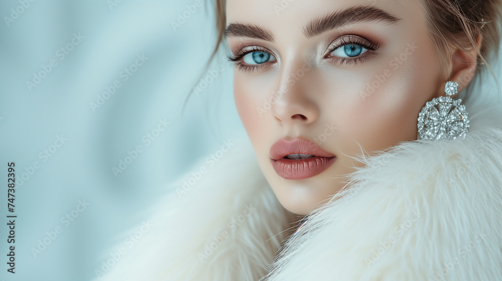 Fashion studio portrait of beautiful lady in white fur coat, Winter beauty in luxury.