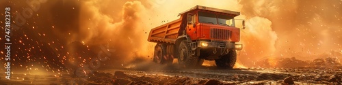 Large quarry dump truck. Big yellow mining truck at work site. Loading coal into body truck. Production useful minerals. Mining truck mining machinery to transport coal from open-pit production. photo