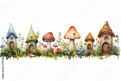 Fairy-tale houses of elves or forest wizards  painted in watercolor on a white background. A fictional fairy-tale town in a forest among flowers and mushrooms. An illustration for a story about elves.