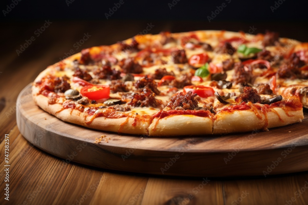 Tempting pizza on a wooden board against a white background