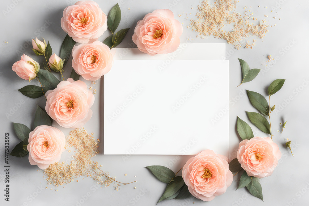Blank paper wedding greeting card with flowers peach fuzz colors on of pastel background.