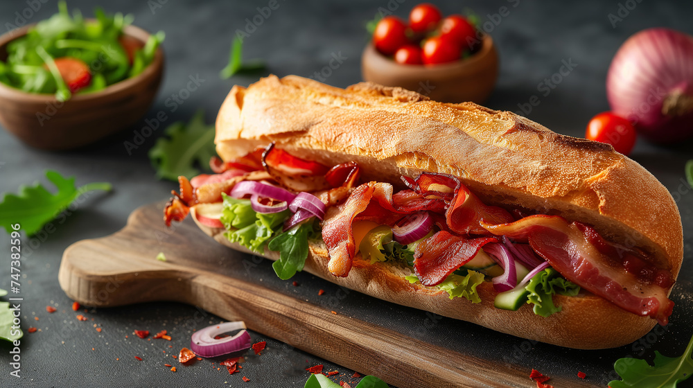 Two fresh submarine sandwiches with ham, cheese, bacon, tomatoes, lettuce, cucumbers and onions on dark wooden background Two fresh submarine sandwiches with ham, cheese, bacon, tomatoes, lettuce, cucumbers and onions on dark wooden background