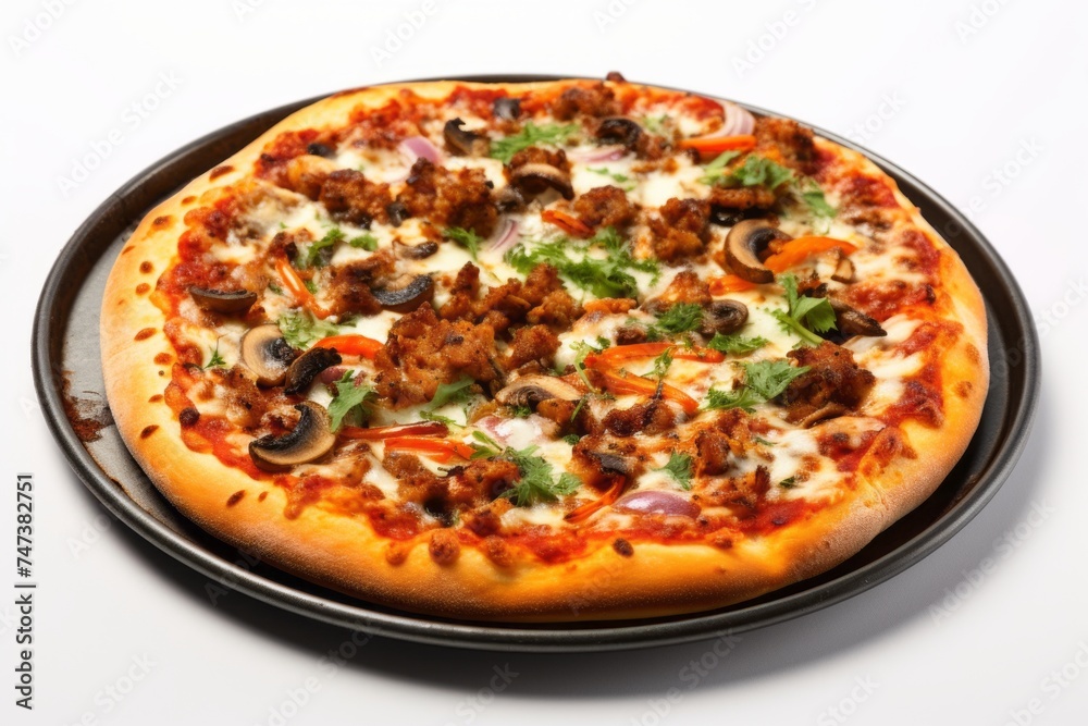 Hearty pizza on a metal tray against a white background Hearty pizza on a metal tray against a white background