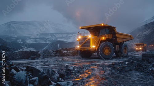 Large quarry dump truck. Big yellow mining truck at work site. Loading coal into body truck. Production useful minerals. Mining truck mining machinery to transport coal from open-pit production. © Nataliya