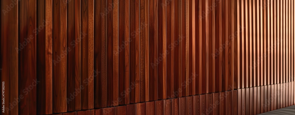 A mahogany dark wood vertical slat wall covering provides a rich and elegant backdrop. The individual slats, arranged vertically, exhibit a deep, warm tone with subtle variations in color and grain - obrazy, fototapety, plakaty 