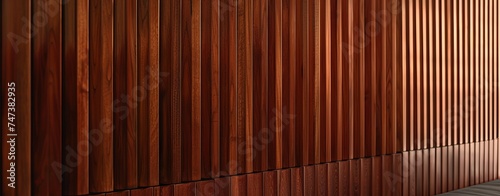 A mahogany dark wood vertical slat wall covering provides a rich and elegant backdrop. The individual slats, arranged vertically, exhibit a deep, warm tone with subtle variations in color and grain