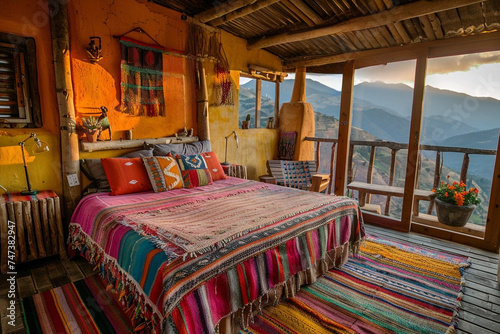 Open eco-lodge hotel room with mountain view at sundown © Irina Bort