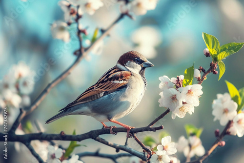 Cute sparrow in spring garden with blossom tree, World Sparrow Day