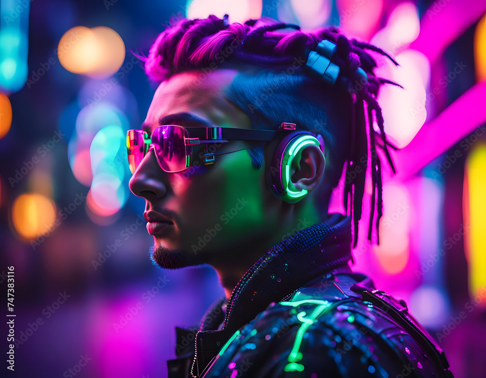Close-up of a male cyberpunk in neon colors, half profile