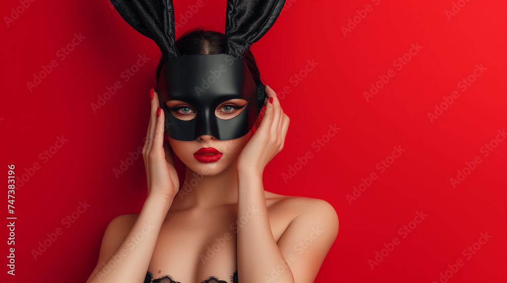 Woman banny mask with standing on red background