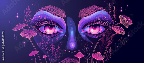 Meditating woman with fly agaric mushrooms, concept of microdosing, mystical esoteric practices. cartoon illustration