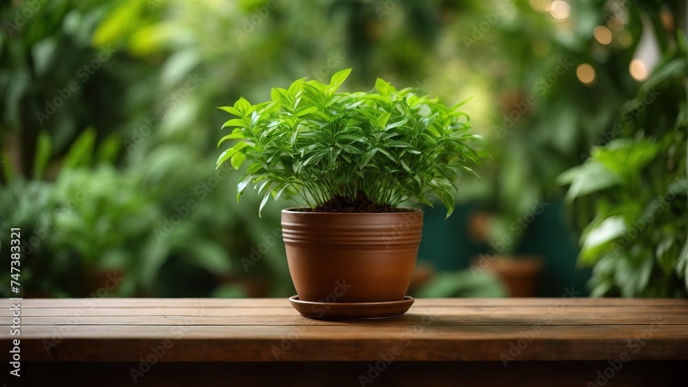 Brown wooden table with potted plants Brown wooden table with potted plants