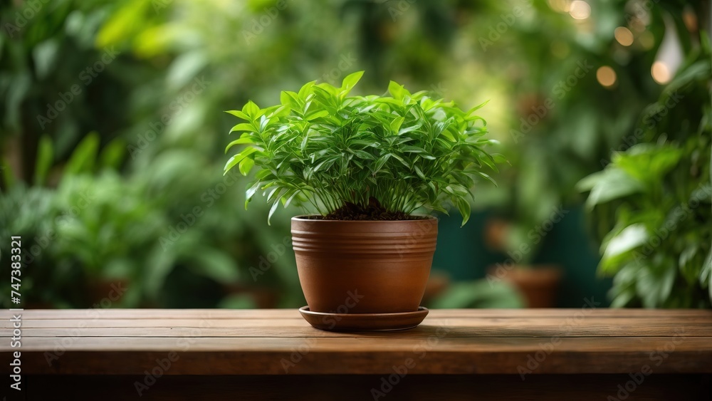 Brown wooden table with potted plants