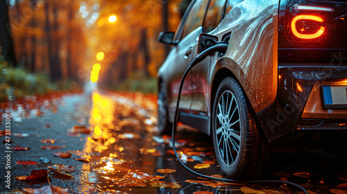 Close-up of electric car charging on the street in rainy day in autumn © larisabozhikova