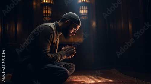 Muslim Man performs Worship, prays to Allah in a mosque in the Holy Month of Ramadan Kareem while sitting on the floor. Religion, Islam, Faith in God concepts. Copy Space.