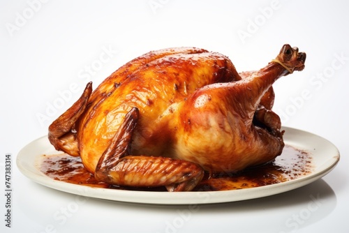 Tempting roast chicken on a ceramic tile against a white background