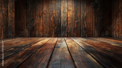 The image shows a perspective view of an empty room with rustic wooden boards for floor and walls It gives a warm, vintage look with the focus toward the back center