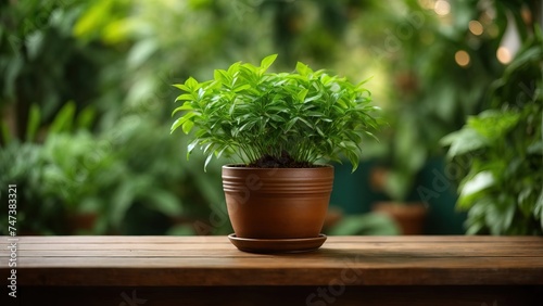 Brown wooden table with potted plants