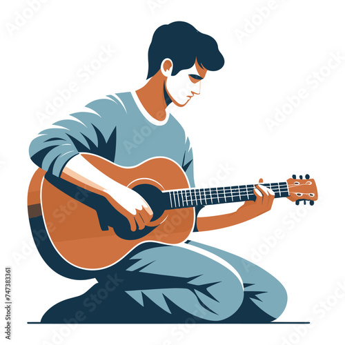 Musician man playing guitar acoustic vector illustration, male guitarist performing music, String instrument player design template isolated on white background