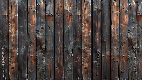 Detailed image of a weathered black wooden fence with distinct wood grain and nail heads