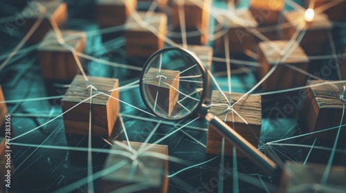 Exploring hr: magnifying glass focuses on manager icon on wooden block, network connection for organizational structure. Conceptual image for human resources management and employment headhunting