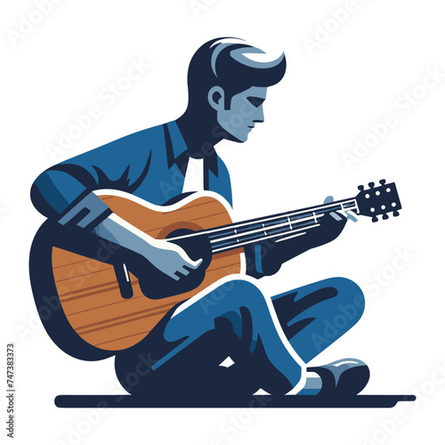 Musician man playing guitar acoustic vector illustration, male guitarist performing music, String instrument player design template isolated on white background
