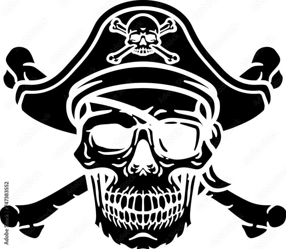 A pirate skull and crossbones jolly roger grim reaper cartoon wearing captain a hat and eye patch A pirate skull and crossbones jolly roger grim reaper cartoon wearing captain a hat and eye patch