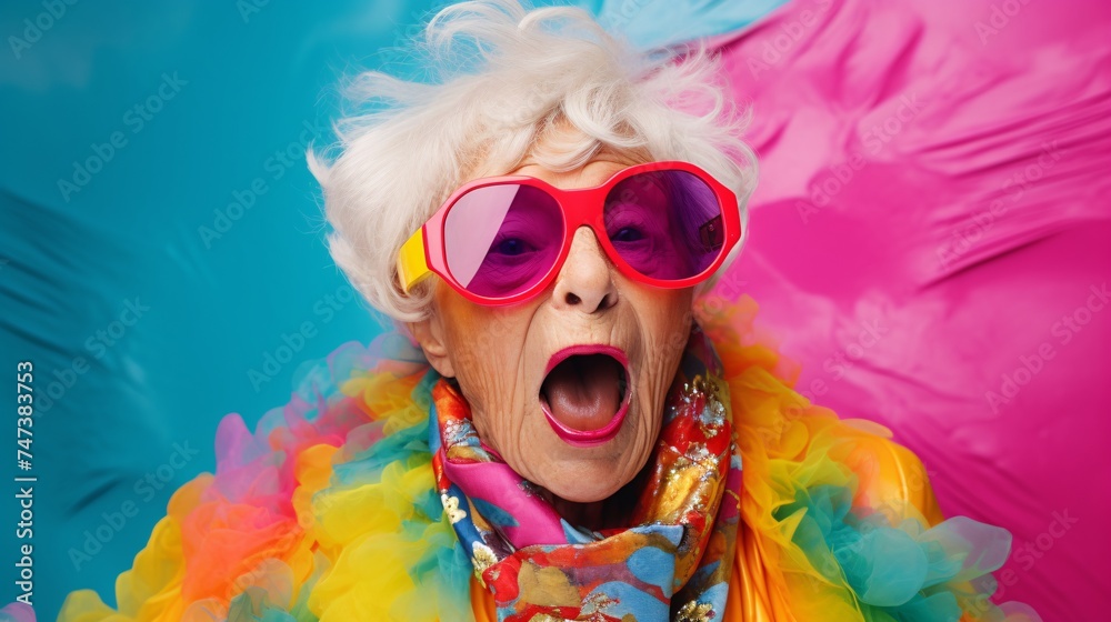 Funny old elderly woman dressed with funny colorful clothes and sunglasses