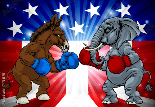 Republican and democrat elephant and donkey facing off American election party politics concept
