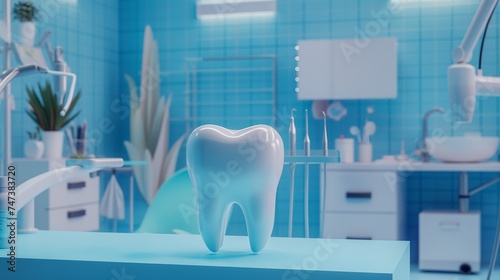 3D Illustration of tooth model and medical equipment are shown  in the style of reflective.