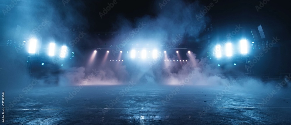 Bright stadium arena lights and smoke, dramatic atmosphere for events