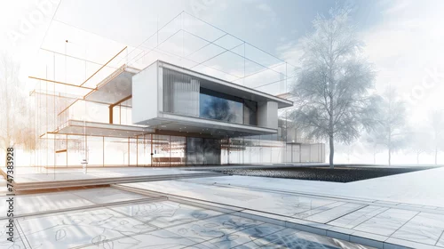 Fototapeta Conceptual design of a futuristic home. House with transparent overlays of architectural plans in a misty landscape