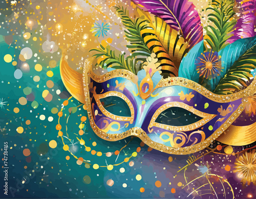 Carnival, mask and masquerade. Illustrations of a Venetian mask, a Brazilian samba dancer, a festive background with confetti and sparkles, and a logo with layout for a poster, flyer or invitation