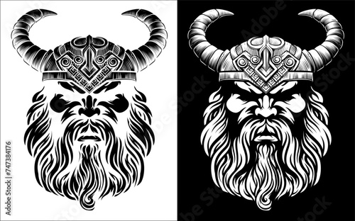 A Viking warrior or barbarian gladiator man mascot face looking strong wearing a helmet. In a retro vintage woodcut style. photo