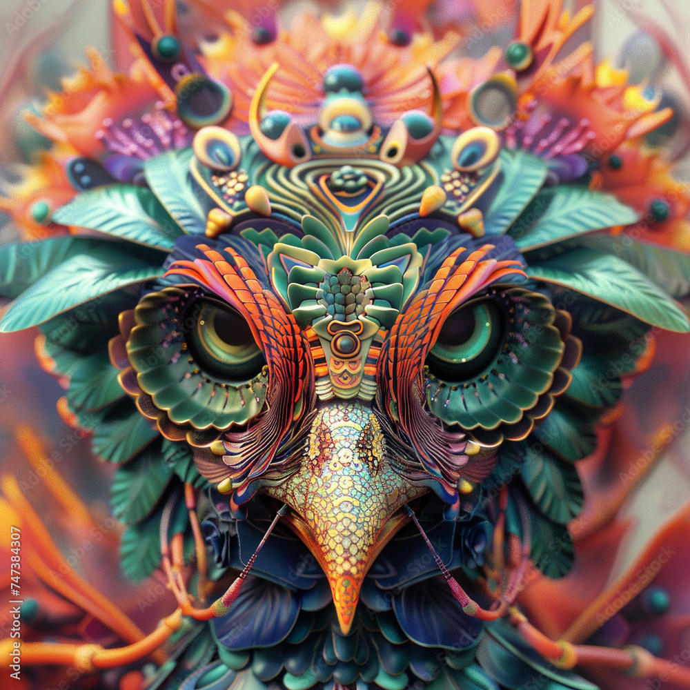 Vividly detailed, surreal owl with intricate patterns and vibrant colors, perfect for creative art inspiration.