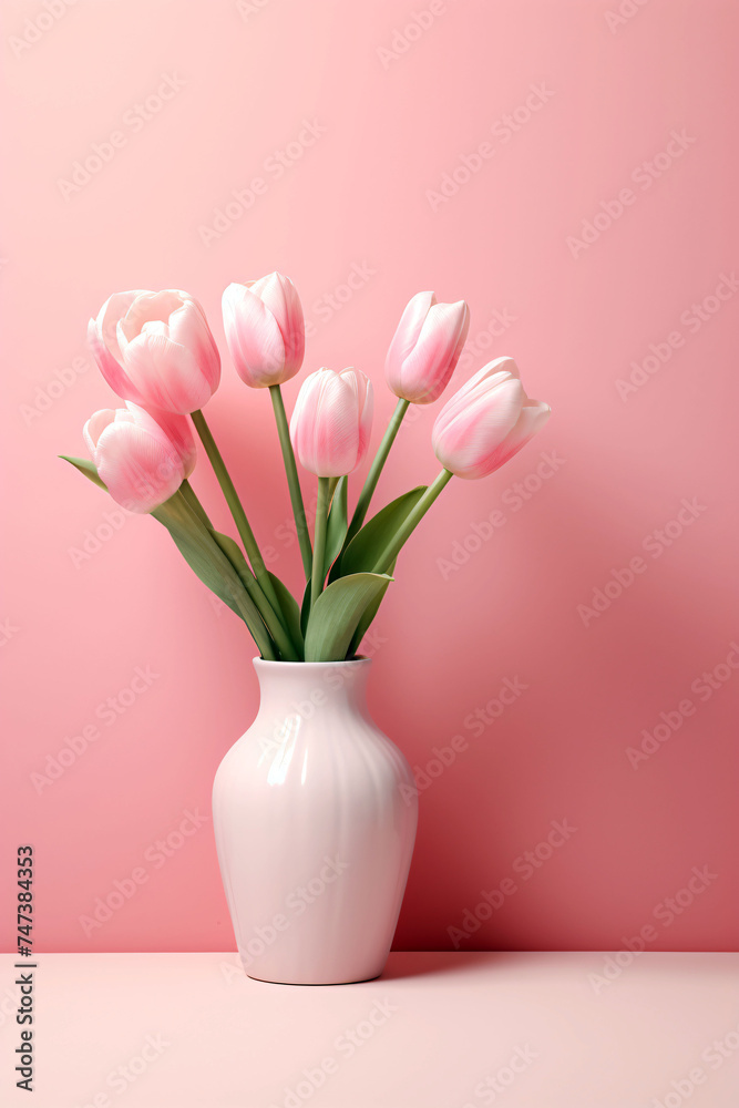 pink tulips in a vase on a pink wall